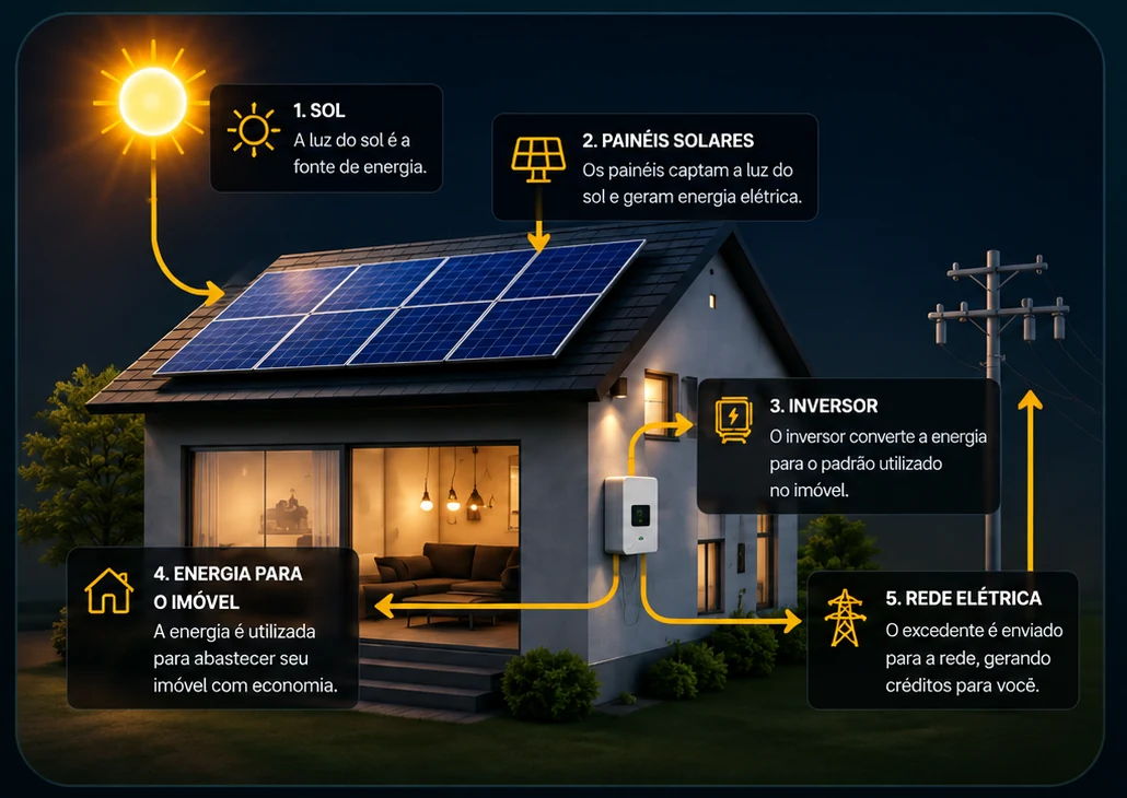 Fluxo ilustrado de geração de energia solar, dos painéis ao consumo do imóvel e à rede elétrica